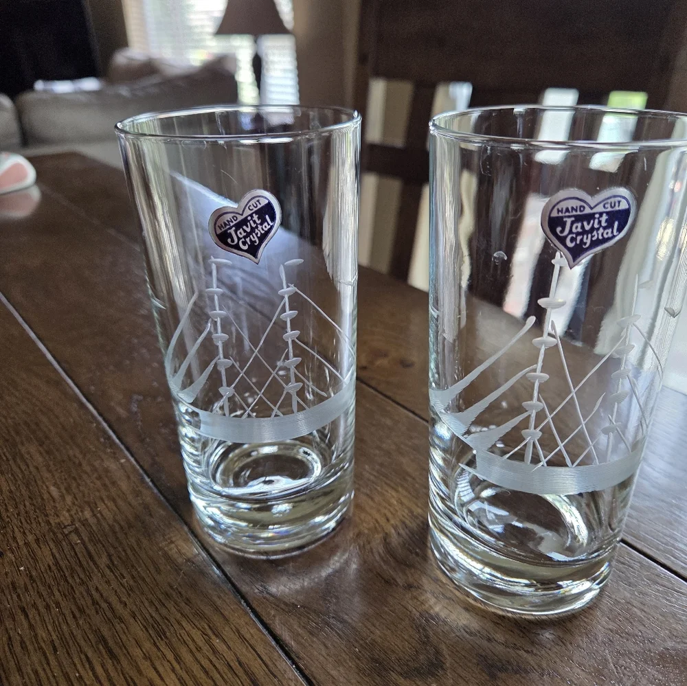Mid Century Sailboat Highball Glasses Javit Handcut Crystal Original Sticker